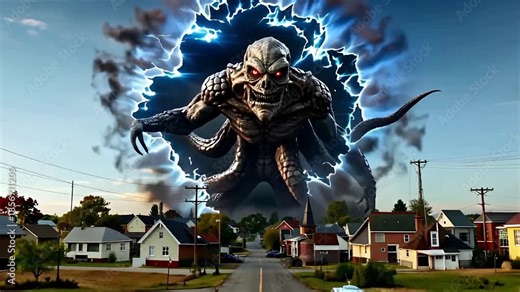 A cinematic horror shot of a massive supernatural creature appearing from another dimension above a small town. The scale, fear, and tension build a strong Stranger Things inspired epic horror