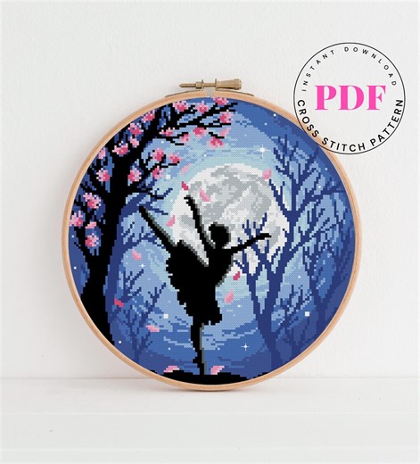 Ballerina Cross Stitch Pattern PDF | Moon Ballet Dancer Silhouette | Night Sky Embroidery | Instant Download - Etsy
