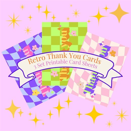 Colorful Retro Thank You Cards, 3 Set of Printable Horizontal Cards - Etsy