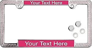 Crystals, Bling - Personalized with Custom Text Design Laser Engraved Standard Size - Car Chrome Metal License Plate Frame with Pink Crystals & Free caps - Pink/White (Qty: 1 Frame)
