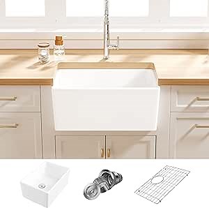 Farmhouse Sink, Eridanus 24 Inch x 16 Inch White Farm Sink Small Farmhouse Kitchen Sink Apron Sink, 24" Kitchen Sink Single Bowl Prep Bar Sink, Laundry Sink with Bottom Grid and Strainer Drain