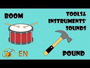 Music instruments and tools sounds. First words for baby. Onomatopoeia examples cartoon for kids