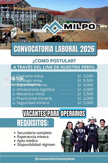 ⛏️ CRECE EN MINERÍA CON MILPO | VACANTES 2026 ⛏️ Minera Milpo abre vacantes para operadores, técnicos y profesionales, con beneficios de ley, turnos organizados y un entorno de trabajo seguro. 👉 Entra al link del perfil, revisa las vacantes activas y postula hoy 💼⚡ #Milpo #TrabajoMinero #EmpleosPerú #ConvocatoriaLaboral #FYP