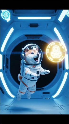 Shiba Inu in a tiny astronaut suit floats gleefully, chasing a holographic Dogecoin in zero gravity.