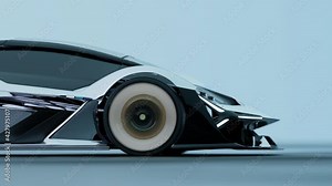 Luxury concept electric vehicle is moving at high speed close to the camera at low angle on bright blue background. Future technology supercar 3d animation