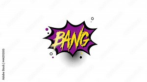 Bang Comic Pop Art letters animation on white and green background. Vintage colorful comic animation with explosion of speech bubble message