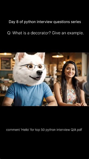 i_simplify on Instagram: "Chimtu bro is more loyal to python than his girlfriend 🤣 #PythonInterview #PythonTips Question: What is a decorator in Python? Give me an example. Detailed Answer: A decorator in Python is a function that adds extra functionality to another function without modifying its original code. Decorators are useful for logging, access control, measuring execution time, and more. Example: Define a decorator function called decorator that takes a function func as input. Inside, 