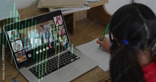 Student writing notes while teacher speaking and causing audio bars growing across laptop for study