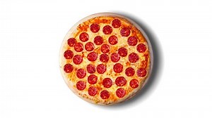 Single image of a pepperoni pizza on a white background. Background video.