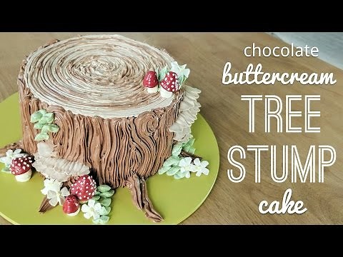 Relaxing cake decorating: all buttercream tree stump cake - piping bark, mushrooms, flowers