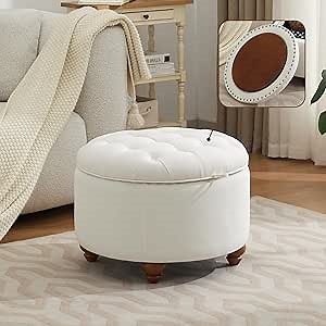 WUTUTUEE 24Inch Round Storage Ottoman with Tray, Modern Tufted Fabric Circle Coffee Table with Storage, Upholstered Ottoman with Removable Top for Living Room, Bedroom, Beige
