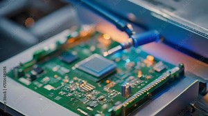 Close-up shot of a circuit board being reflow soldered in a reflow oven. Stock Video