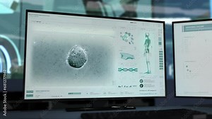Modern Medical Biotechnology Scanner Software Examining Sperm Cells Of Patient. Sperm Cells Analysis In Medical Microscope Software Interface. Medical Software Researching Sperm Cells. Biology