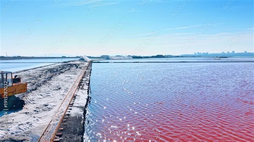 Rusty railway tracks on a ridge between pink salt ponds. Perspective view of old industrial rails on a salt path with vibrant pink water on the side.