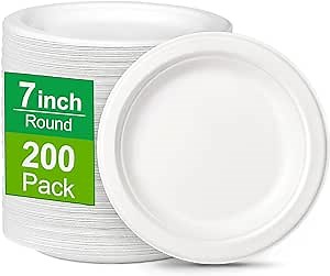 Small Compostable Plates - White 7" Bulk 200 Pack Recycled Plates for Dessert & Cake