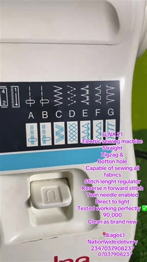 ELNA 21 Electric sewing machine Straight Zigzag & Botton hole Capable of sewing all fabrics Stitch lenght regulator Reverse n forward stitch Twin needle enabled Direct to light Tested working perfectly ✅ 90,000 Clean as brand new 📍Lagos. Nationwide delivery 2347037908237