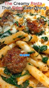 Creamy Garlic Butter Beef Penne with Sausage and Spinach | Recipes sophia