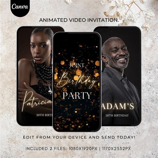Editable Adult Joint Birthday Party Invitation, Double Birthday Party Invite, Black Gold Invite Video Template, Instant Download 504 - Etsy Australia