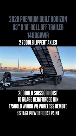 Recon Trailer Ltd. on Instagram: "2026 PREMIUM BUILT HORIZON 83” X 16’ ROLL OFF TRAILER 14000GVWR -2-7000LB LIPPERT SPRING AXLES -20000LB SCISSOR HOIST CAPACITY -10 PLY E RATED TIRES -17500LB WINCH WIRELESS REMOTE -12000LB JACK -2 INTERSTATE DEEP CYCLE BATTERIES -6 STAGE POWDERCOAT -10 GUAGE REINFORCED BIN -TARP AND COVER WARRANTY 3YR STRUCTURAL, 1YR COMPONENTS, 1YR PAINT LIPPERT AXLE WARRANTY LIMITED -1YR GREASE AND OIL SEALS -6YR SPRINGS AXLE & SUSPENSION #renovation #diy #building #newconstru
