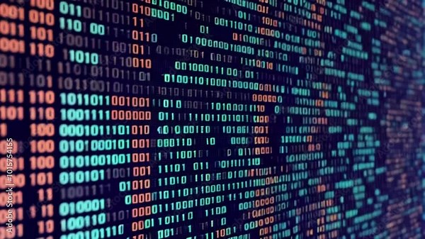 A detailed view of a computer screen showing a multitude of numbers and data, Binary code creating a barcode scan effect