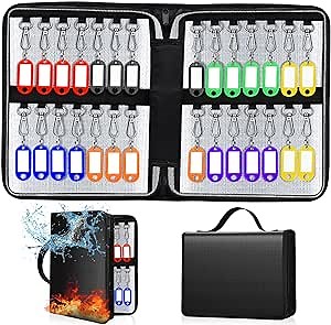 HUANLANG Portable Key Organizer Zippered Key Case,Fireproof and Waterproof Key Storage Book with 28 Key Hooks and Tags,Key Binder Organizer for Offices,Hotels,Car Service and Rental Management