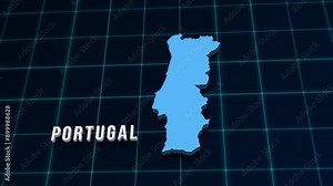 Portugal digital geographic map 3d video on coordinates grid. Iberian Peninsula country geographic background 4K animation news opener