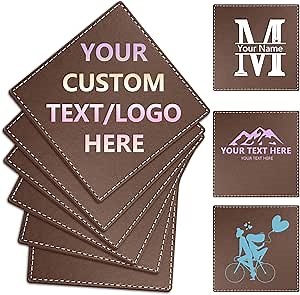 Custom Personalized Leather Coasters - Set of 6 | DIY Name, Photo, or Logo Coasters for Coffee Table, Bar, Beer, Wine | Ideal Housewarming Gift,Brown