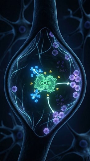 GABA is the main calming neurotransmitter in the brain. It helps quiet overactive circuits and supports relaxation. Brain cells produce GABA from the amino acid glutamate. The process begins when an enzyme inside the neuron converts glutamate into GABA. This enzyme works best when the cell has enough vitamin B6, which acts as a helper molecule. Once formed, GABA is packaged into small vesicles inside the neuron. When the neuron becomes active, the vesicles move to the cell membrane and release G