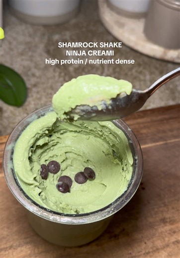 Healthy, High-Protein Shamrock Shake Ninja Creami 🍀 Nutrient-dense, dairy-free, and refined sugar-free! Perfect for St. Patrick’s Day (or anytime of the year) Ingredients: \t•\t1 cup coconut milk (or milk of choice) \t•\t1 scoop Truvani vanilla plant protein (or any clean protein powder) \t•\t1 cup frozen cauliflower rice \t•\t½ cup spinach \t•\t¼ tsp spirulina powder \t•\t¼ tsp peppermint extract a few fresh mint leaves \t•\t½ banana \t•\tMix-ins: sugar-free chocolate chips tahini Instructions