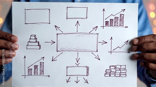 Hands holding paper with hand drawn business strategy diagram flowchart and growth charts connected by arrows. Corporate planning and organizational workflow framework sketch for presentation
