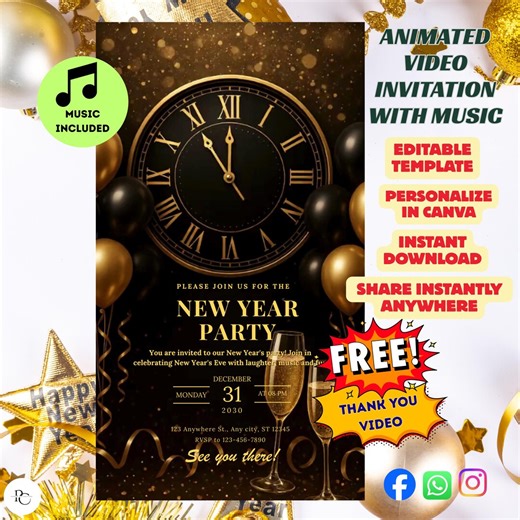 New Year’s Eve Party Invitation Video | 2026 NYE Digital Invite | Editable Animated Invitation - Etsy