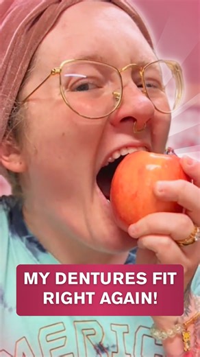 😎GOODBYE GLUES😎 | Traditional glues are quick fixes but can become a hassle the more you use them. Try Cushion Grip! Enjoy soft and secure dentures that have gotten slightly loose and with just ONE application. You can eat the toughest foods like our friend Alyssa (thecelestialmom on TikTok) shows! | #dentaltok #dentures #cushiongrip #beforeandafter #falseteeth | My Cushion Grip