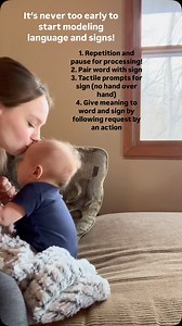 PSA: It’s never too early to start modeling verbal language and signs to your little ones! Just watch this short clip as an example! @kellywmarie is an incredible pediatric occupational therapist I’ve had the opportunity to work with and learn from, and she incorporates movement paired with language in all that she does. Watch as she implements the following language learning strategies in this activity with her infant son: 1. Repetition and pause for processing: Notice how Kelly repeats “more” 