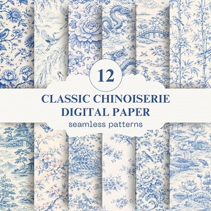 Classic Chinoiserie Digital Paper Pack | Blue Toile Seamless Patterns | Asian Floral Wallpaper | Commercial Use - Etsy