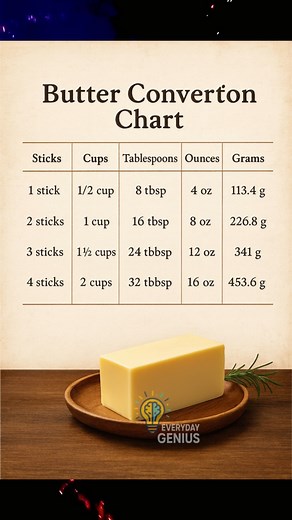 18K views · 70 reactions | 杻✨ The Ultimate Butter Conversion Chart (Save for Baking Season!) No more guessing in the kitchen — this chart converts sticks, cups, tablespoons, ounces, and grams so every recipe comes out perfect. Whether you bake once a year or every weekend, this is a must-have reference.  #bakingtips #kitchenhacks #butterconversion #homebaking | Everyday Genius | Facebook
