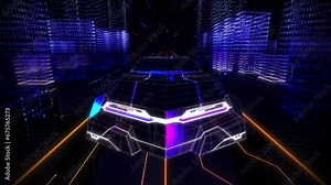 Frontal View Of A Futuristic Sports Car Neon Colored Hologram. Futuristic 3D Model Hologram Of A Sci-fi Vehicle Driving In Cyberspace. Futuristic Car Hologram On Virtual Reality Matrix City Road.