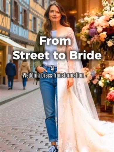 From Street to Bride. AI Wedding Dress Transformation. Transform your everyday photo into a stunning bridal look with AI. #NewtoAI#CapCut #capcutpioneer #pioneertemplate #AIWedding