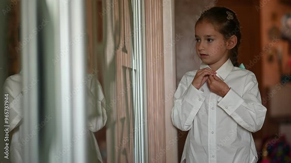 Little Girl Getting Ready. A young girl buttons her white shirt in front of a mirror. She is getting ready for school or a special event. This footage is perfect for family, childhood, or back-to-scho