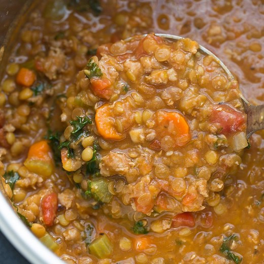 INSTANT POT SAUSAGE LENTIL STEW! A cozy, hearty stew made easy in the instant pot. Full of flavor and so satisfying! FULL RECIPE: https://meaningfuleats.com/instant-pot-sausage-lentil-stew/ | Meaningful Eats