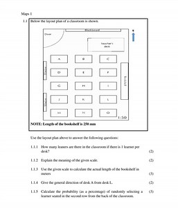 Maps 1Below is the layout plan of a classroom. The length of t... | Filo