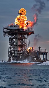 This AI-generated simulation shows a MASSIVE offshore oil rig explosion and collapse—realistic physics, fire effects, and chaos! #oilfield #offshore #offshorelife #oilgas #rigs #simulasi | Musliadi AMd