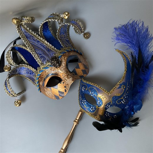 Harlequins Gold Blue Masquerade Feather Jolly Jester Mask: Classic Costume Ball Eye Mask - Etsy