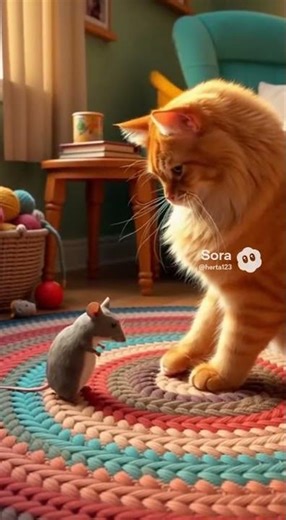 A cute playful scene where a small grey mouse and a fluffy orange cat are happily playing