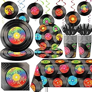 142Pcs Record Theme Tableware Set, 50's Party Decorations Record Paper Plates and Napkins, Cups, Tablecloth, Hanging Swirls Record Banner for 1950's Rock Music Party Supplies