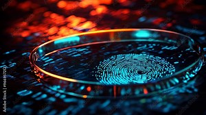 A close-up view of a fingerprint displayed on a digital background with glowing codes at night in a laboratory setting