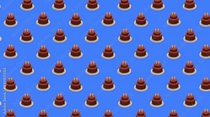 A cute emoji animation: a repeated pattern of a chocolate birthday cake with two lit candles, moving to the upper left angle, over a blue background.