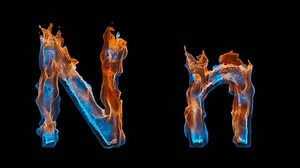 3D letter N appears by fire. Flame, covering the letter, dances bright shades of red and blue. Uppercase and lowercase fiery symbols. The file contains an Alpha Channel. ProRes4 RGBA