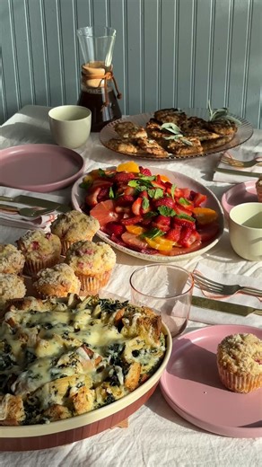 Spring brunch inspo loading 💬 we are obsessed with this easy make-ahead menu featuring a dip-inspired strata, rhubarb muffins, the prettiest fruit salad and our new favorite sausage patties. I mean 😍 Get all the recipes and host your own spring soirée ⬇️ | Midwest Living