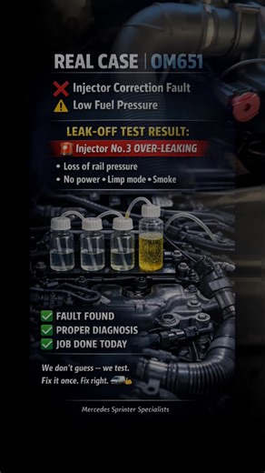 REAL CASE — OM651 | LEAK-OFF TEST ⚠️ Symptoms: • Injector correction fault • Low fuel pressure • Loss of power • Rough idle 🔍 Leak-off test result: ❌ Injector No.3 — OVER-LEAKING What this causes 👇 • Rail pressure can’t build • ECU tries to compensate • Injector corrections go out of range • Limp mode / smoke / no power 🛠 Diagnosis confirmed — not guessing. This is why live data leak-off test matters on OM651. One bad injector can bring the whole system down. Real fault. Real test. Real diagn