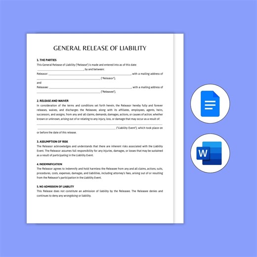 General Release of Liability. General Release of Liability Form Template, General Liability Release Form. Release of Liability Sample, Word - Etsy